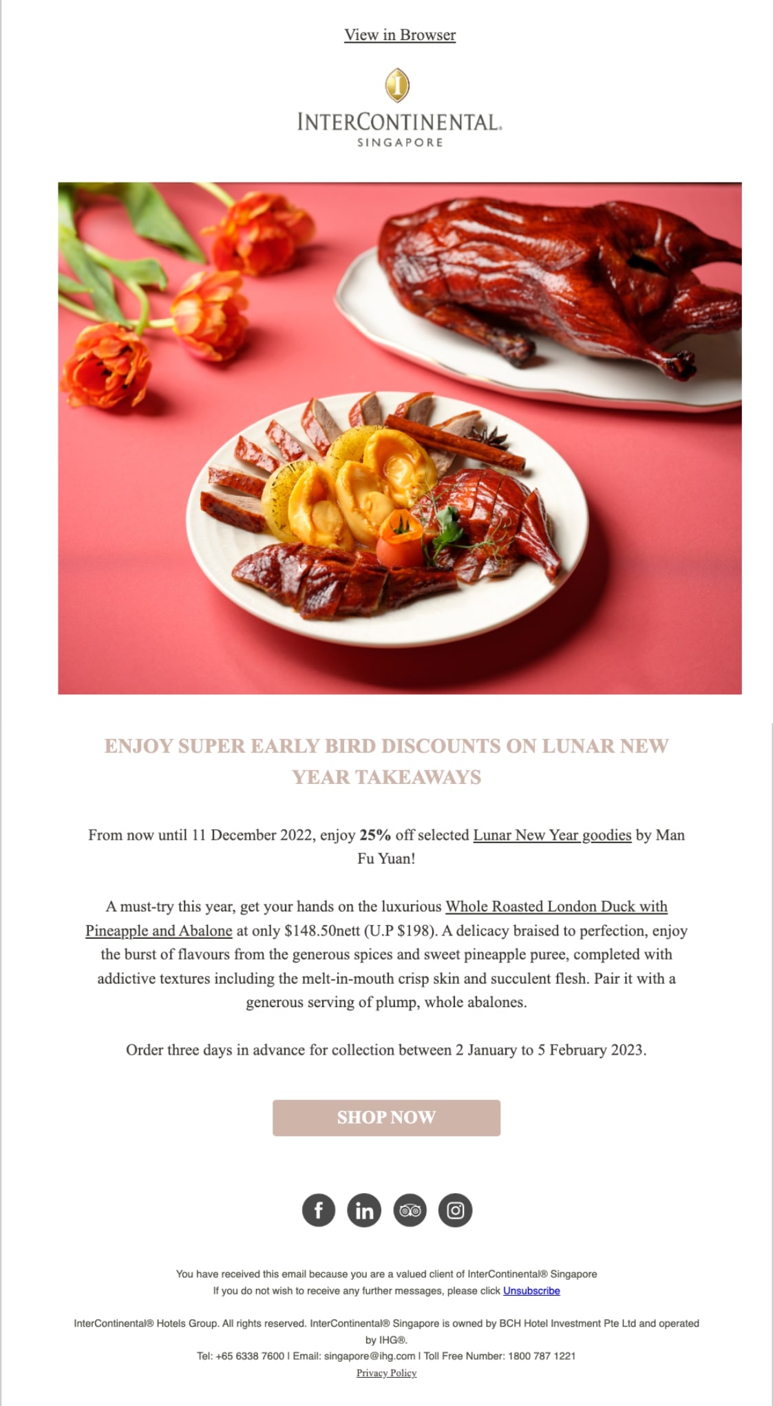 InterContinental Singapore Lunar New Yer campaign example offering take away dishes from their restaurant