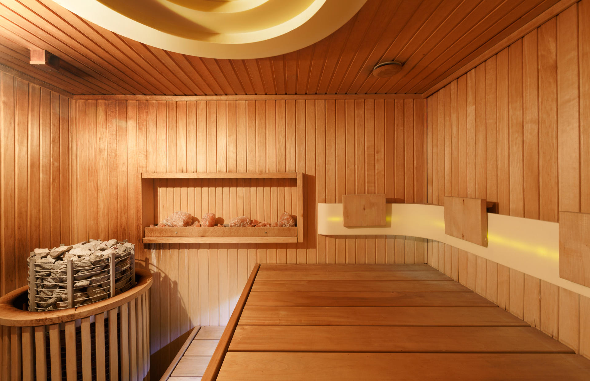 A hotel sauna is made of wood.