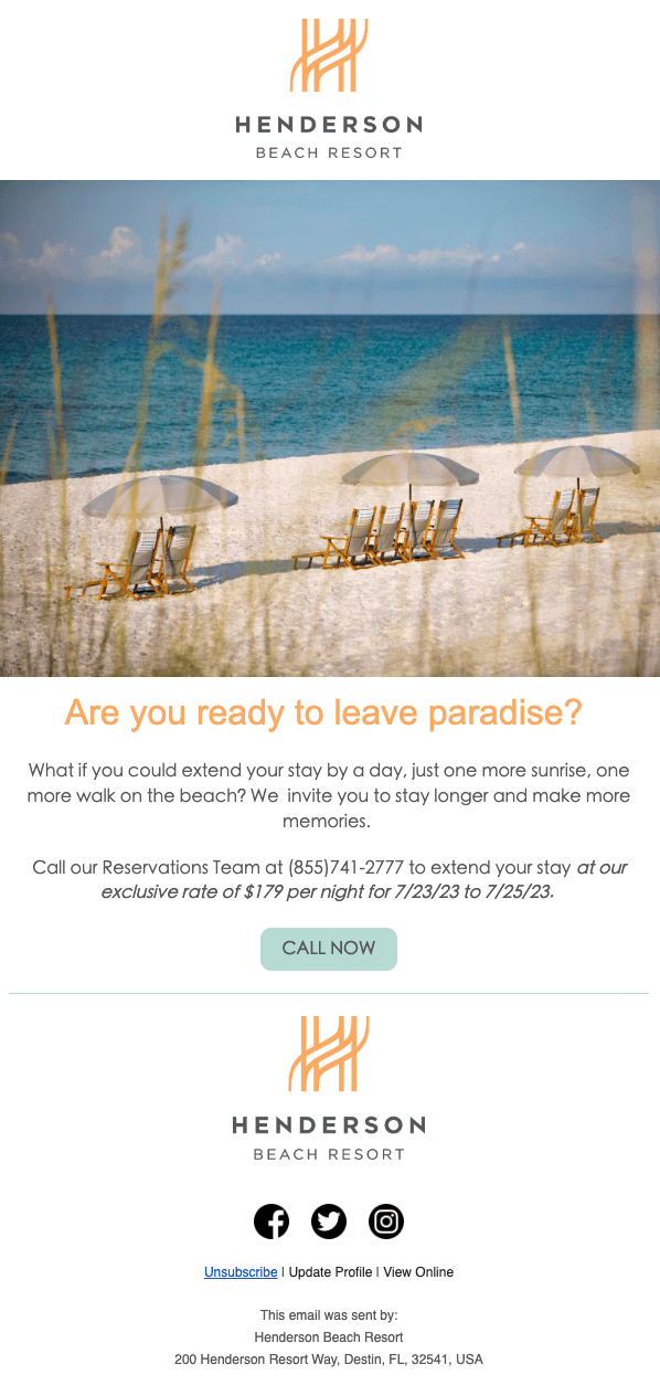 Email campaign example from Henderson Beach Resort