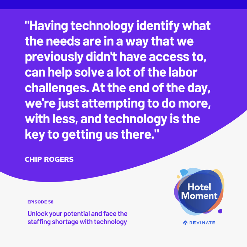 Hotel Moment episode #58 quote graphic about how technology alleviates manual tasks