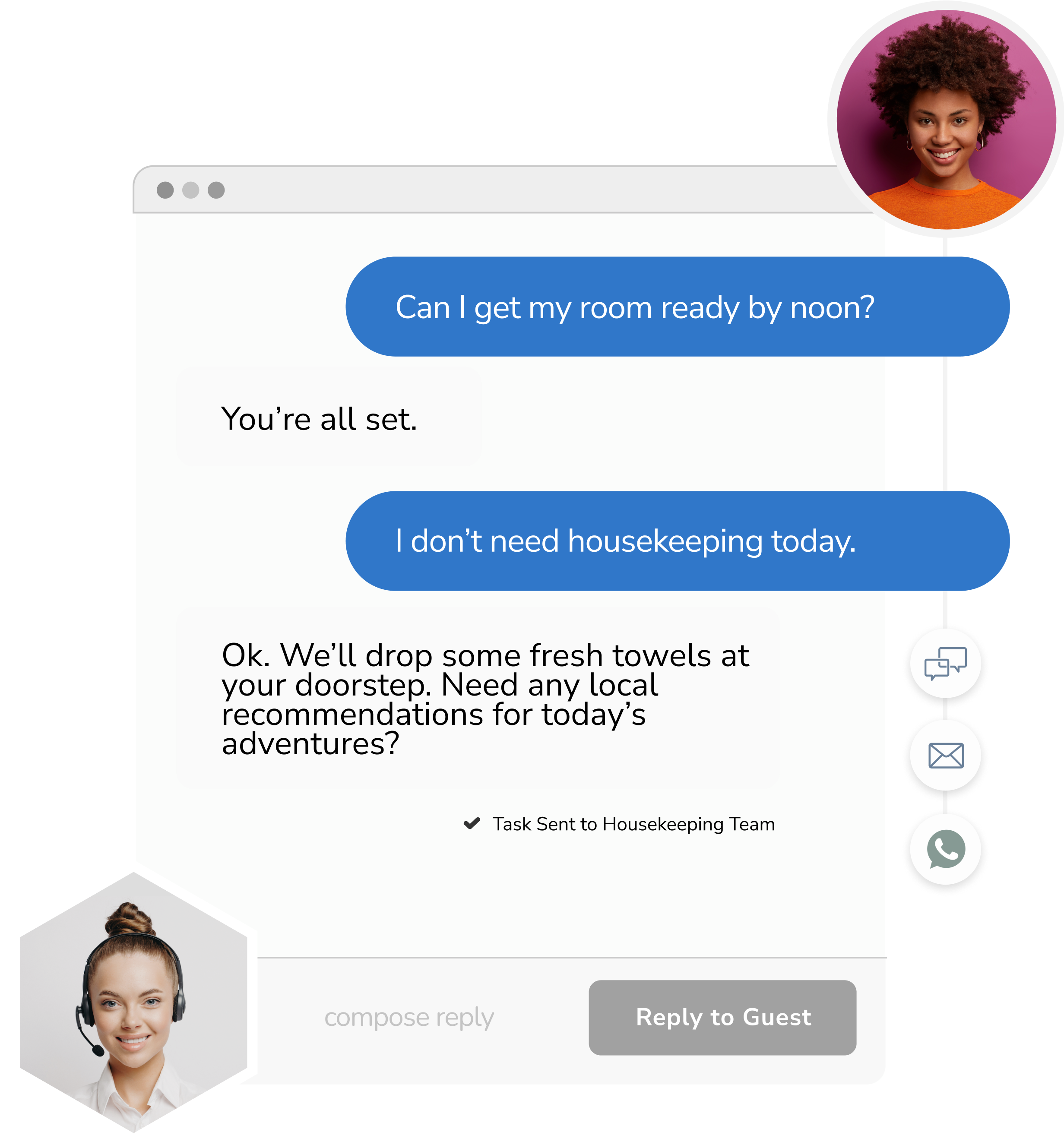 Headshot of a hotel staff member and a headshot of a guest with a phone screen displaying a text conversation made possible with Ivy, Revinate's text messaging solution.