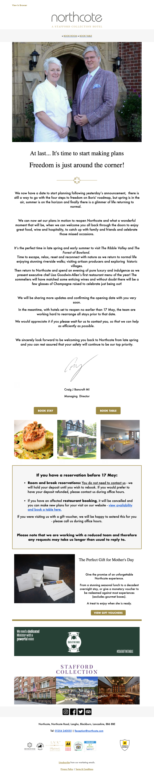 Northcote Hotel email campaign