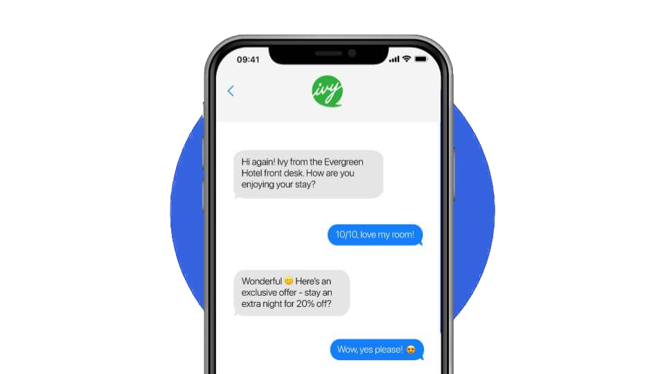 Headshot of a hotel staff member and a headshot of a guest with a phone screen displaying a text conversation made possible with Ivy, Revinate's text messaging solution.